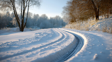 Snowy Road Bends Through Frosty Woods