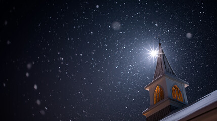 Church steeple shining brightly under snowy night sky