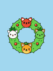 Obraz premium Adorable cartoon animal faces christmas wreath vector illustration festive holiday decoration