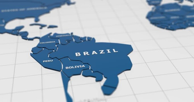 close-up 3d map of brazil and south america countries 4k animation