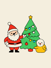 Charming vector illustration of santa claus and penguin decorating a festive christmas tree together
