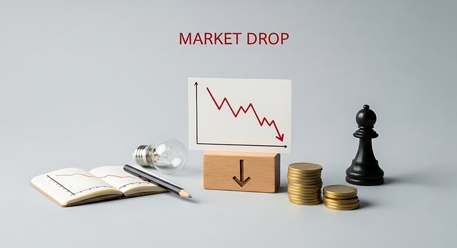 A chart showing a market drop with coins, a chess piece, and an open book, symbolizing financial crisis and economic downturn