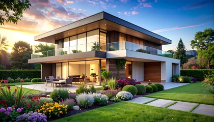 Modern House Exterior with Lush Landscaping.