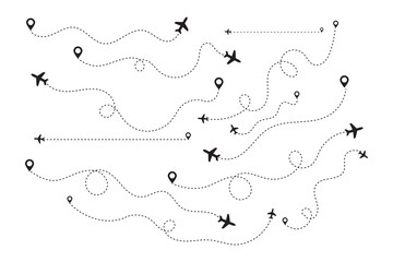 Airplane Route Path with Dotted Line and Pin Location. Airplane dotted route line set. Dashed Line Flight Path with Global Map Elements. Flight Route Vector. Plane Path with GPS Tracking and Location.
