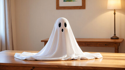 Cute traditional sheet ghost character looking surprised on a bright wooden surface for Halloween fun