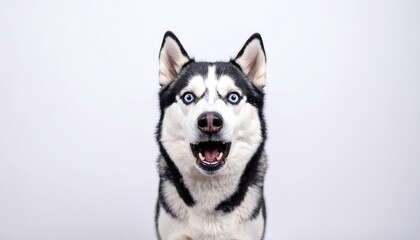 A close-up shot of a dog with piercing blue eyes against a plain white background. The dog appears alert and curious, mouth open