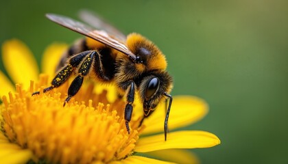 Macro photo of bumblebee legs loaded with yellow pollen on flower. Insect collects nectar for honey production, detailed view of tiny hairs, fuzzy body, bright petals.
