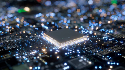 Obraz premium Extreme macro of a GPU chip surface, fine solder joints gleaming under precision lighting