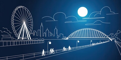 Enjoying summer nights biking along the bridge with a stunning city skyline and illuminated Ferris wheel in the background under the moon's glow