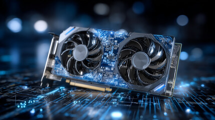 Ultra-detailed gaming graphics card showcased under spotlight with tech grid pattern and subtle glow effects, designed with empty side area for marketing text