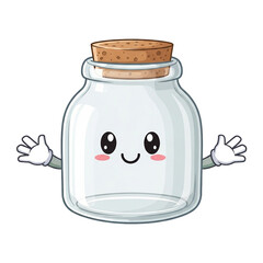 Cute Glass Jar Character with Happy Face and Hands Isolated on White Background
