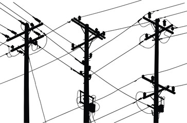 Silhouette of utility poles with insulators, crisscrossing wires, electricity distribution, urban infrastructure, industrial landscape, high voltage electrical power grid