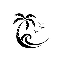 Tropical island paradise with palm tree, ocean wave, and birds in flight, perfect summer getaway logo