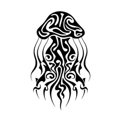 Naklejka premium Elegant tribal jellyfish design for tattoo, wall art or logo projects, striking monochrome art piece