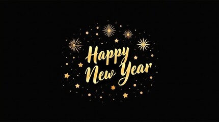 Happy new year celebration with fireworks and golden stars on black background