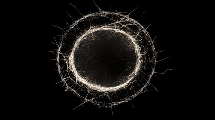 Intricate circular web pattern on a dark, reflective surface.