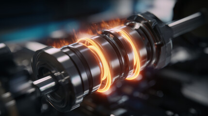 Naklejka premium Cinematic macro view of interconnected pistons and crankshaft assembly glowing with orange industrial light, metal surfaces reflecting heat and precision