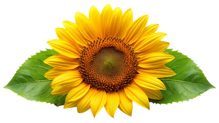 Obraz premium Bright yellow sunflower with green leaves isolated on transparent background