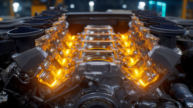 Hyperrealistic interior of an engine bay showing pistons and crankshaft coated in warm orange light, metal textures gleaming with subtle oil reflections