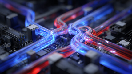 Isometric 3D render showing radiator hoses and coolant pipes highlighted with glowing blue and red gradients, showcasing efficient thermal flow design