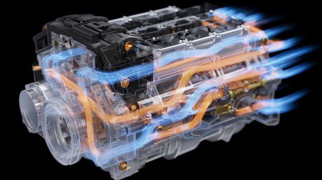 Cross-sectional 3D illustration of radiator, coolant reservoir, and hoses, vivid glowing lines representing coolant flow inside realistic engine architecture