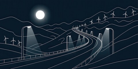 Modern road winds through hills under moonlight, powered by wind turbines, depicting future of energy and transportation, clean and sustainable future