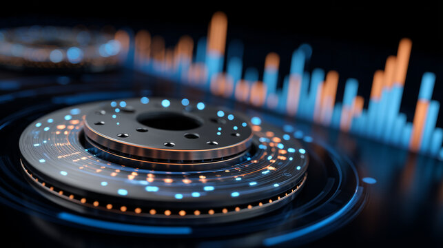 3D illustration of glowing digital display showing detailed disc and drum brake components, illuminated in neon blue and orange against a sleek dark background