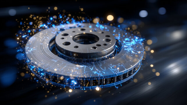 Holographic-style 3D render of disc and drum brake mechanism, glowing contours and floating particles emphasizing precision engineering on a dark metallic surface - Powered by Adobe