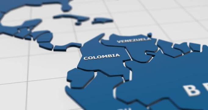 close-up 3d map of colombia and south america region 4k animation