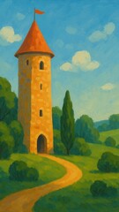 Naklejka premium Charming tower in lush landscape.