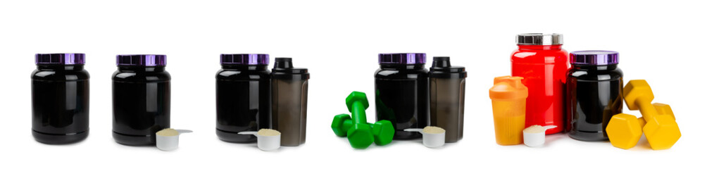 Protein powder.protein shake isolated on white background.Shaker bottle with protein.Food supplement.Whey protein powder with shaker for mixing.Sports nutrition.Concept of sports and healthy lifestyle