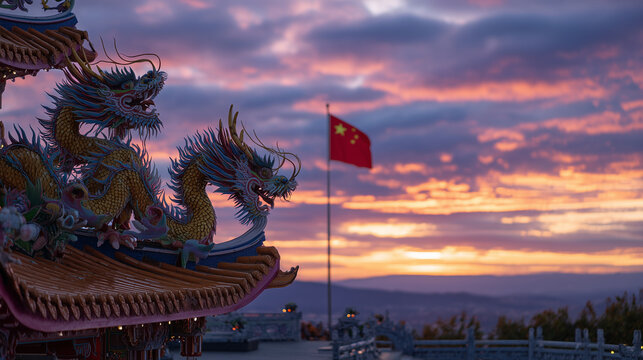 Temple roofline with fierce dragon statues, the Chinese flag flying prominently in the breeze under glowing sunset light