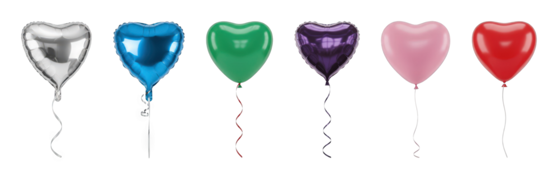 Heart balloon set including metallic foil and matte latex types in silver, blue, green, purple, pink, and red colors isolated. Ideal for celebrations, parties, and romantic themes.