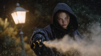 Cinematic scene of a young woman in a hoodie defending herself under a flickering lamppost, pepper spray cloud dispersing in front of her in the night air