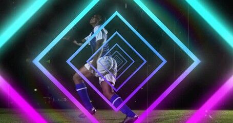 Neon diamonds pulsing under floodlights activating soccer player executing ball control sports demo - Powered by Adobe