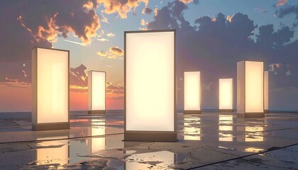 Illuminated Pillars Against a Sunset Sky.