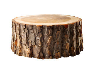 A crosssection of a tree stump with rough bark, isolated on transparent background
