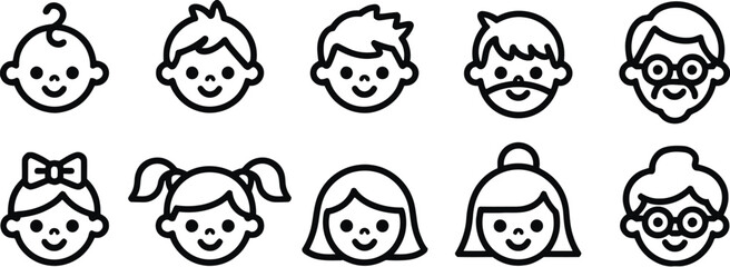 icon, people, faces, family, generation, baby, child, adult, elderly, man, woman, boy, girl, grandfather, grandmother, diversity, illustration, simple, outline, black and white, set, collection, chara