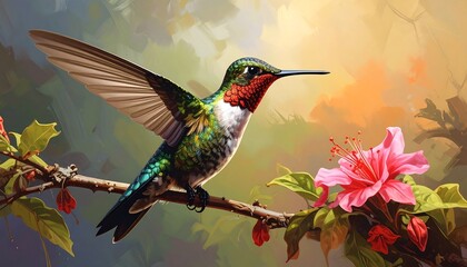Beautiful Hummingbird in Flight Near Flowers.