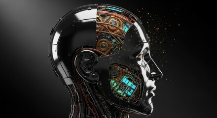 Futuristic Robotic Head With Exposed Inner Workings And Glowing Circuits