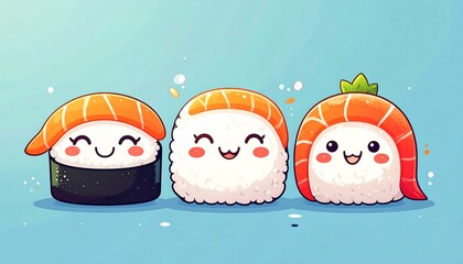 Cute Sushi Illustration, Happy Food, Cartoon Style.