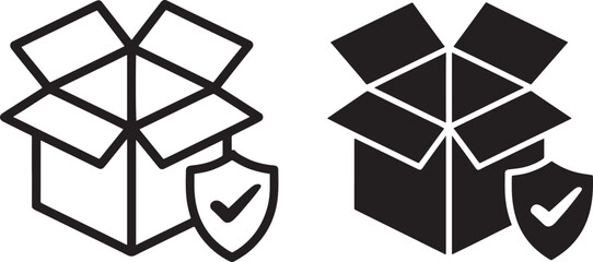 Open cardboard box with protective shield icon in outline and solid fill package parcel