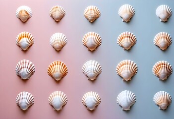 Fototapeta premium A collection of fifteen decorative scallop shells arranged in a grid pattern on a gradient background