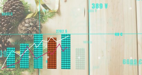 Grid overlay fading in causing bars rising and lines weaving upward to represent financial growth - Powered by Adobe