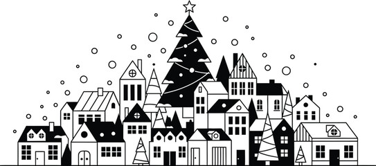 Whimsical christmas village scene with decorated tree and snowflakes vector