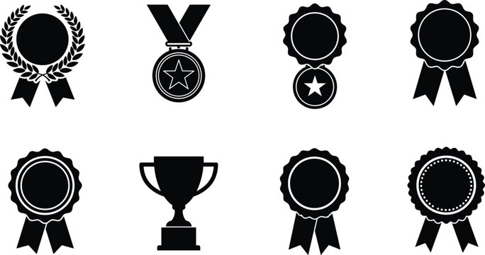 Award badge and trophy silhouette vector set with medals, ribbons, laurel wreath, and stars for achievement, victory, success, and champion recognition design - Powered by Adobe