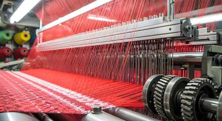 Textile manufacturing: Industrial loom weaving vibrant red fabric with numerous threads. Modern factory machinery in operation.