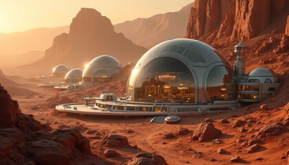 Futuristic domes and buildings form a colony on Mars red planet landscape. Structures glow with interior lights under orange sunset sky. Mountains rise in background.