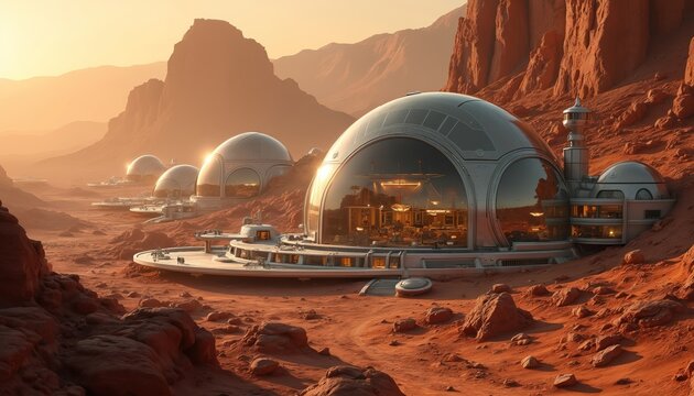 Futuristic domes and buildings form a colony on Mars red planet landscape. Structures glow with interior lights under orange sunset sky. Mountains rise in background.