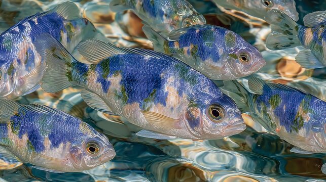 A school of colorful cichlids swimming in clear water showcasing vibrant patterns and details of